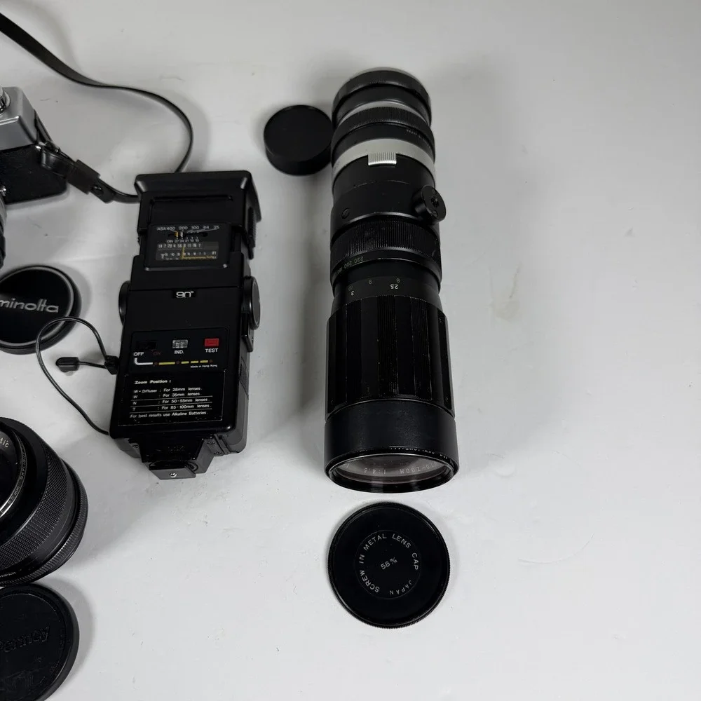 Vintage Minolta SR-T 101 35mm SLR Camera Lot w/ Lenses & Flash - Storage F-15